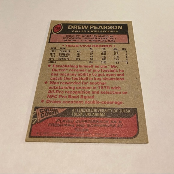 Drew Pearson 1977 Topps Football Card #130 Dallas Cowboys WR Vintage - Picture 2 of 3